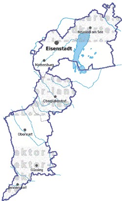 Landkarte und Gemeindekarte Burgenland Regionen vielen Orten Flssen und Seen