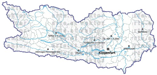 Landkarte und Gemeindekarte Kaernten Gemeindegrenzen vielen Orten Flssen und Seen