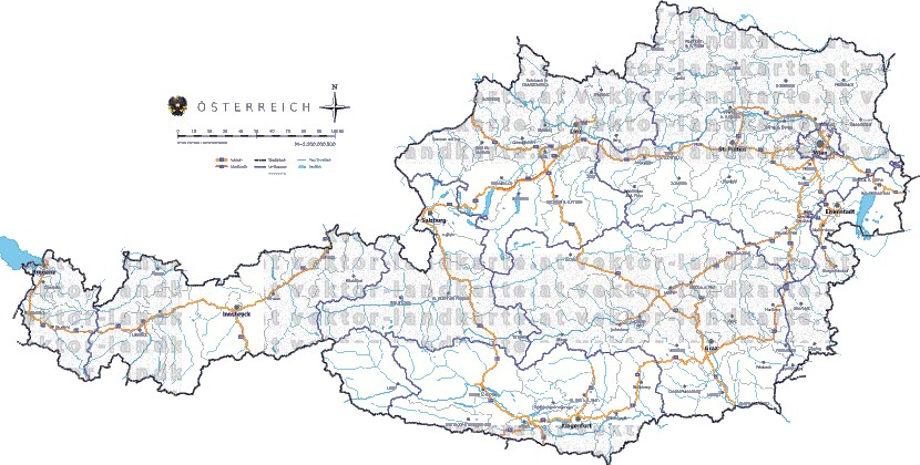 Landkarte, Straßenkarte und Gemeindekarte Oesterreich Bezirksgrenzen vielen Orten Flssen und Seen