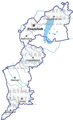 Landkarte und Gemeindekarte Burgenland Bezirksgrenzen vielen Orten Fl�ssen und Seen