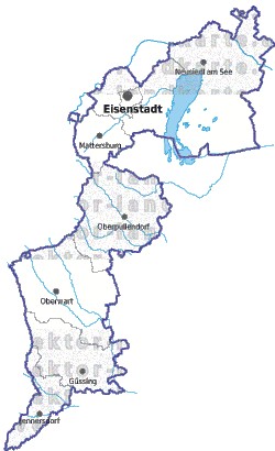 Landkarte und Gemeindekarte Burgenland Bezirksgrenzen vielen Orten Flssen und Seen
