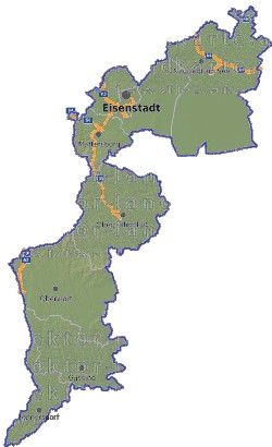 Landkarte, Straßenkarte und Gemeindekarte Burgenland Bezirksgrenzen vielen Orten Höhenrelief