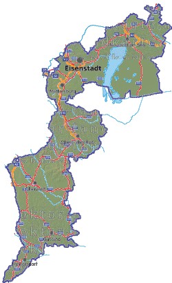 Landkarte, Straßenkarte und Gemeindekarte Burgenland vielen Orten Höhenrelief Flüssen und Seen