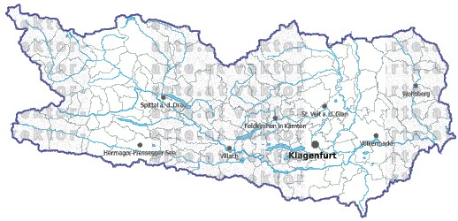 Landkarte und Gemeindekarte Kaernten Bezirksgrenzen und Gemeindegrenzen vielen Orten Flssen und Seen