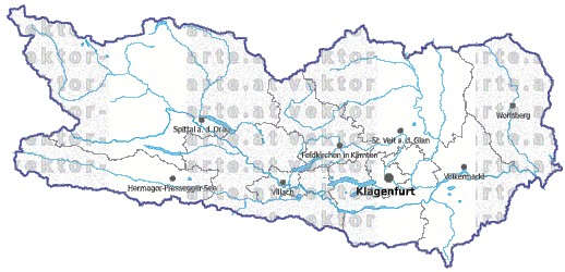 Landkarte und Gemeindekarte Kaernten Bezirksgrenzen vielen Orten Fl�ssen und Seen