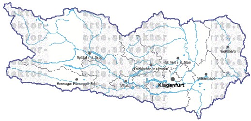 Landkarte und Gemeindekarte Kaernten Bezirksgrenzen vielen Orten Flssen und Seen