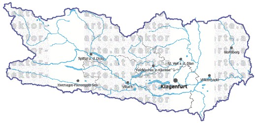 Landkarte und Gemeindekarte Kaernten Regionen vielen Orten Flüssen und Seen