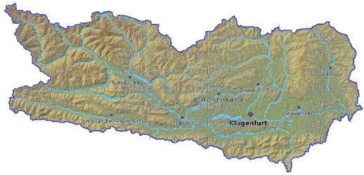 Landkarte und Gemeindekarte Kaernten vielen Orten Höhenrelief Flüssen und Seen