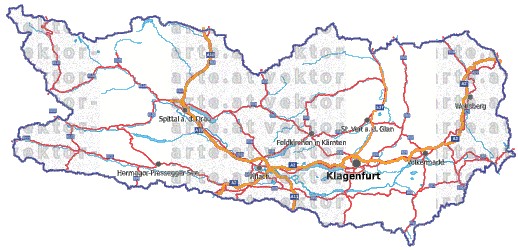 Landkarte, Straßenkarte und Gemeindekarte Kaernten vielen Orten Flüssen und Seen