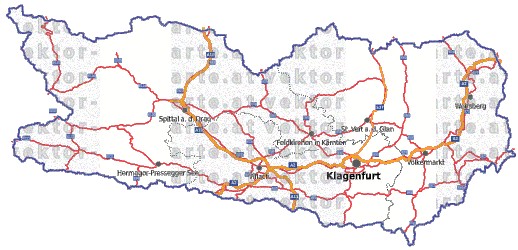 Landkarte, Straßenkarte und Gemeindekarte Kaernten Regionen vielen Orten
