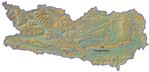 Landkarte, Straßenkarte und Gemeindekarte Kaernten Regionen vielen Orten Hhenrelief Flssen und Seen