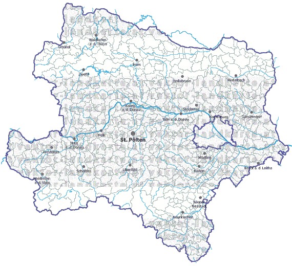 Landkarte und Gemeindekarte Niederoesterreich Bezirksgrenzen und Gemeindegrenzen vielen Orten Flssen und Seen