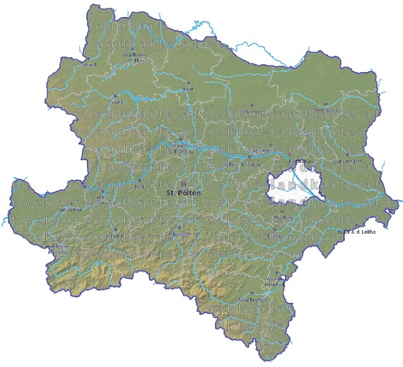 Landkarte und Gemeindekarte Niederoesterreich Bezirksgrenzen vielen Orten Höhenrelief Flüssen und Seen