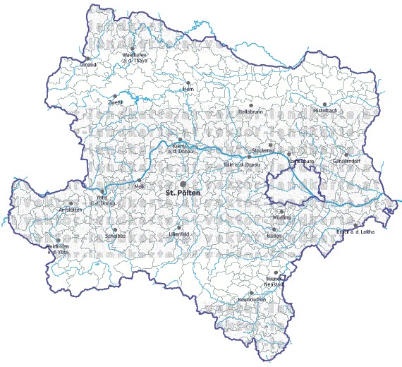 Landkarte und Gemeindekarte Niederoesterreich Gemeindegrenzen vielen Orten Flssen und Seen