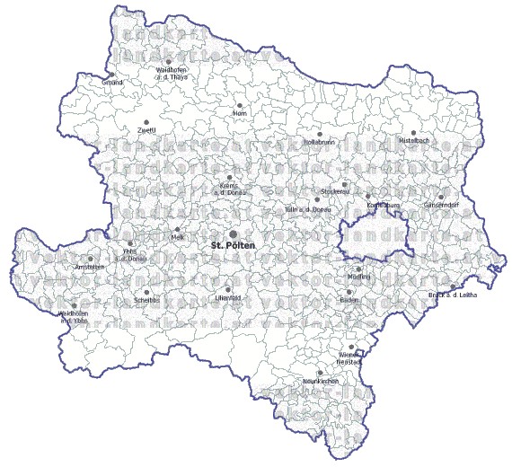 Landkarte und Gemeindekarte Niederoesterreich Regionen und Gemeindegrenzen vielen Orten