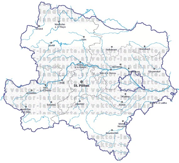Landkarte und Gemeindekarte Niederoesterreich Regionen vielen Orten Fl�ssen und Seen