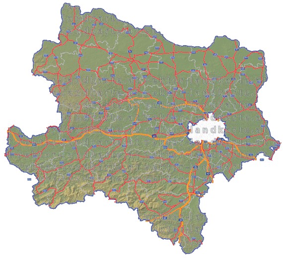 Landkarte und Straßenkarte Niederoesterreich Bezirksgrenzen Hhenrelief