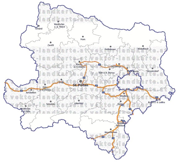 Landkarte, Straßenkarte und Gemeindekarte Niederoesterreich Bezirksgrenzen vielen Orten