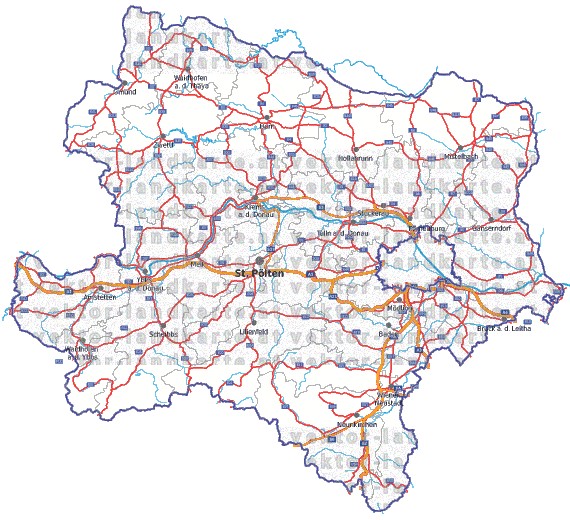 Landkarte, Straßenkarte und Gemeindekarte Niederoesterreich Bezirksgrenzen vielen Orten Flssen und Seen
