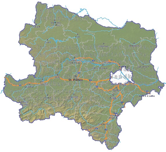 Landkarte, Straßenkarte und Gemeindekarte Niederoesterreich Bezirksgrenzen vielen Orten Hhenrelief Flssen und Seen