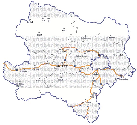 Landkarte, Straßenkarte und Gemeindekarte Niederoesterreich Regionen vielen Orten