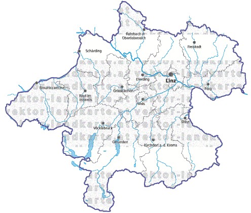 Landkarte und Gemeindekarte Oberoesterreich Bezirksgrenzen vielen Orten Flssen und Seen