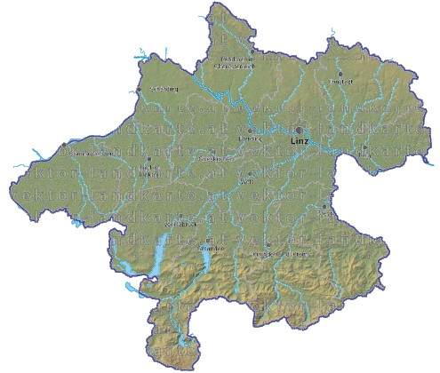 Landkarte und Gemeindekarte Oberoesterreich Bezirksgrenzen vielen Orten Höhenrelief Flüssen und Seen