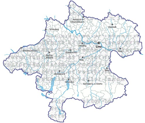 Landkarte und Gemeindekarte Oberoesterreich Gemeindegrenzen vielen Orten Flüssen und Seen