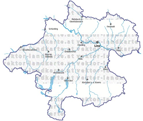 Landkarte und Gemeindekarte Oberoesterreich vielen Orten Flüssen und Seen