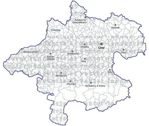 Landkarte und Gemeindekarte Oberoesterreich Regionen und Gemeindegrenzen vielen Orten