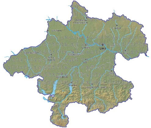 Landkarte und Gemeindekarte Oberoesterreich Regionen vielen Orten Höhenrelief Flüssen und Seen