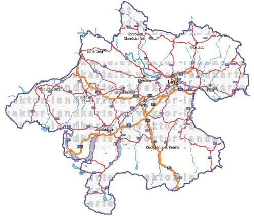 Landkarte, Straßenkarte und Gemeindekarte Oberoesterreich vielen Orten Flüssen und Seen