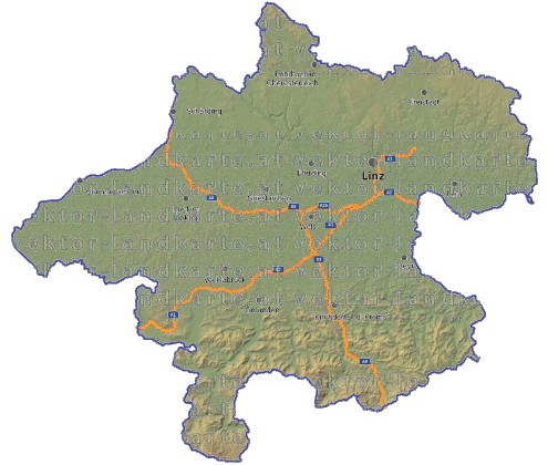 Landkarte, Straßenkarte und Gemeindekarte Oberoesterreich vielen Orten H�henrelief