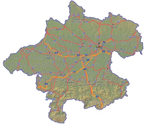 Landkarte, Straßenkarte und Gemeindekarte Oberoesterreich vielen Orten Höhenrelief