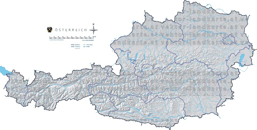 Landkarte Oesterreich Bezirksgrenzen Höhenrelief Flüssen und Seen