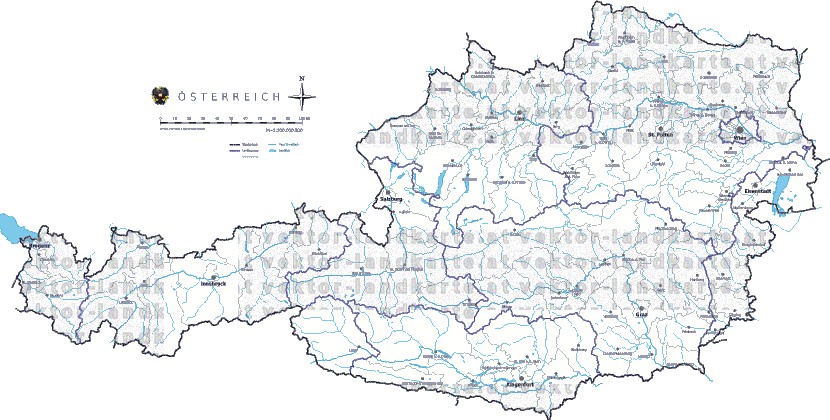 Landkarte und Gemeindekarte Oesterreich Bezirksgrenzen vielen Orten Flüssen und Seen