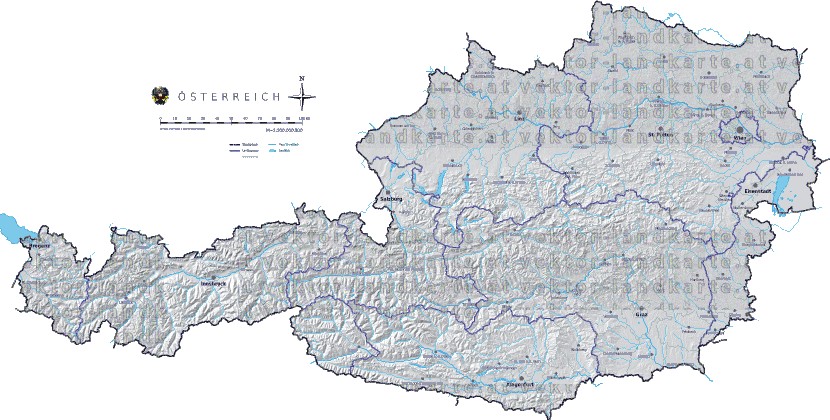Landkarte und Gemeindekarte Oesterreich Bezirksgrenzen vielen Orten H�henrelief Fl�ssen und Seen