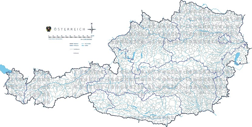 Landkarte und Gemeindekarte Oesterreich Regionen und Gemeindegrenzen Flssen und Seen