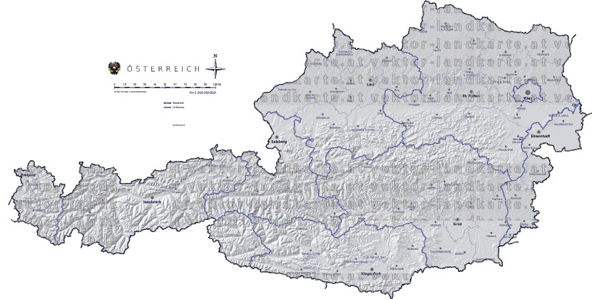 Landkarte und Gemeindekarte Oesterreich Regionen vielen Orten Hhenrelief