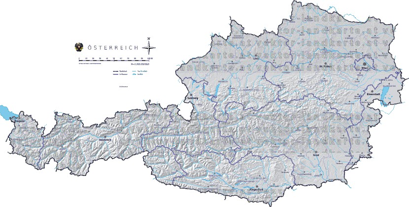 Landkarte und Gemeindekarte Oesterreich Regionen vielen Orten H�henrelief Fl�ssen und Seen