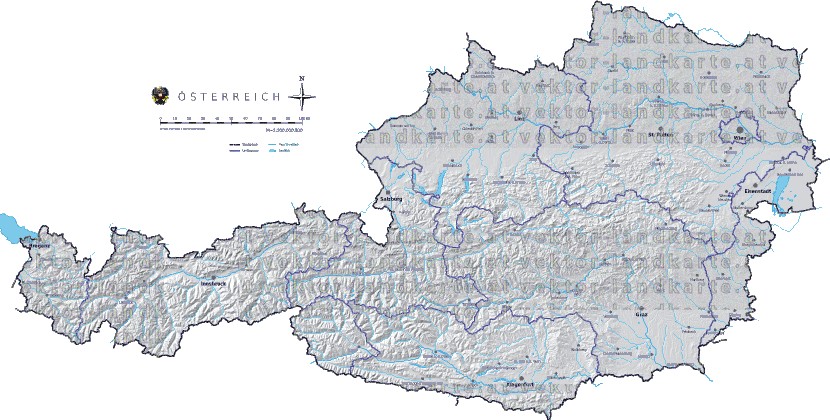 Landkarte und Gemeindekarte Oesterreich vielen Orten Höhenrelief Flüssen und Seen