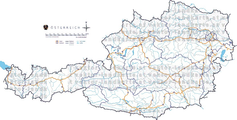 Landkarte und Straßenkarte Oesterreich Bezirksgrenzen Flüssen und Seen