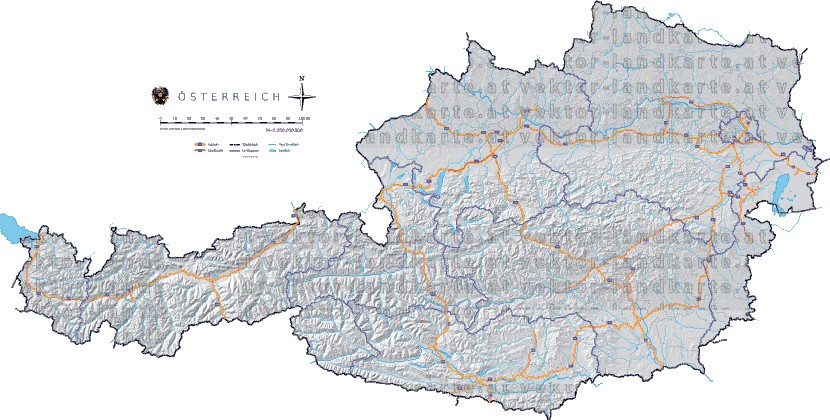 Landkarte und Straßenkarte Oesterreich Bezirksgrenzen Hhenrelief Flssen und Seen