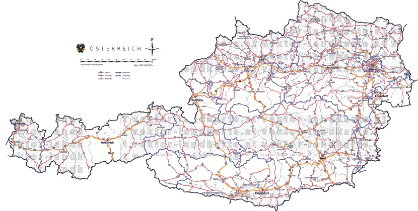 Landkarte, Straßenkarte und Gemeindekarte Oesterreich Bezirksgrenzen vielen Orten