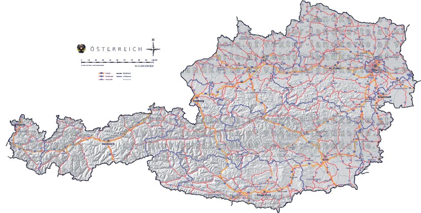 Landkarte, Straßenkarte und Gemeindekarte Oesterreich Bezirksgrenzen vielen Orten H�henrelief
