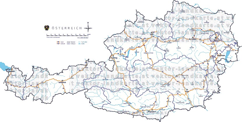 Landkarte, Straßenkarte und Gemeindekarte Oesterreich vielen Orten Flssen und Seen