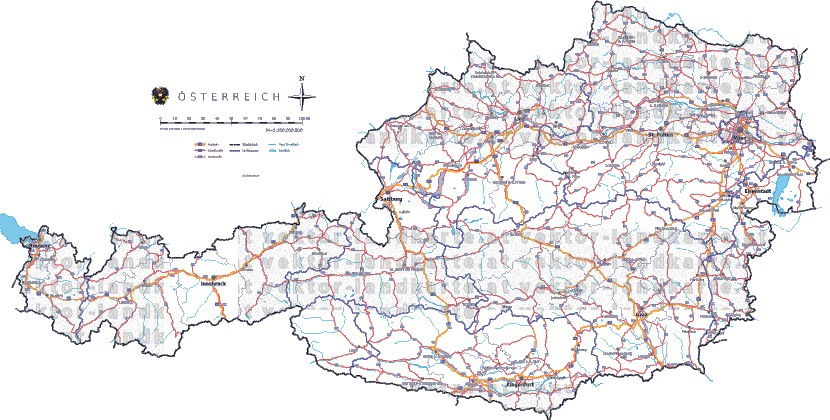 Landkarte, Straßenkarte und Gemeindekarte Oesterreich Regionen vielen Orten Flüssen und Seen