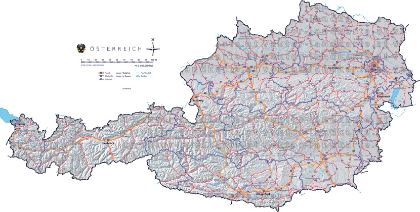 Landkarte, Straßenkarte und Gemeindekarte Oesterreich Regionen vielen Orten Hhenrelief Flssen und Seen
