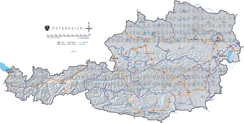 Landkarte, Straßenkarte und Gemeindekarte Oesterreich Regionen vielen Orten H�henrelief Fl�ssen und Seen