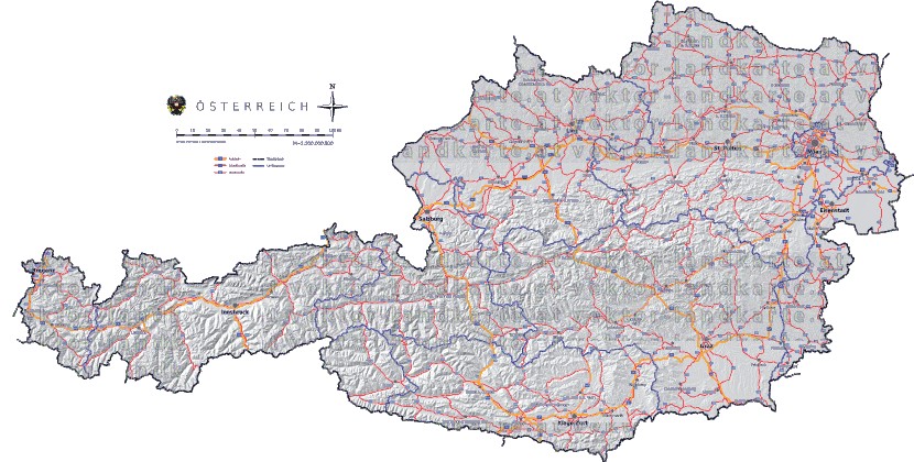 Landkarte, Straßenkarte und Gemeindekarte Oesterreich vielen Orten Höhenrelief